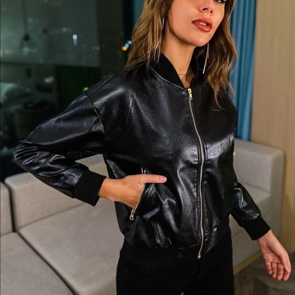Bomber vegan leather jacket zip up black glam - Picture 3 of 3